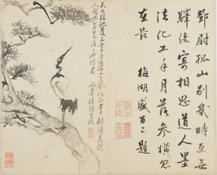 Landschappen, bloemen en vogels: kraanvogel op een den, Qing-dynastie, 1780